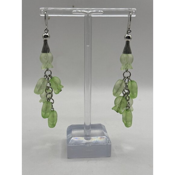 Green Acrylic Flower Earrings Dangle Drop Design Silver Tone Hook Lightweight - Picture 1 of 5